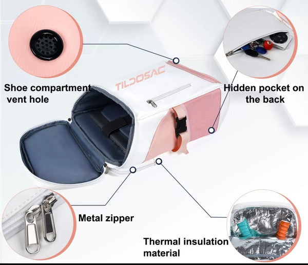 Tildosac Backpack Pink/White shoe ventilation, hidden pocket and zipper details