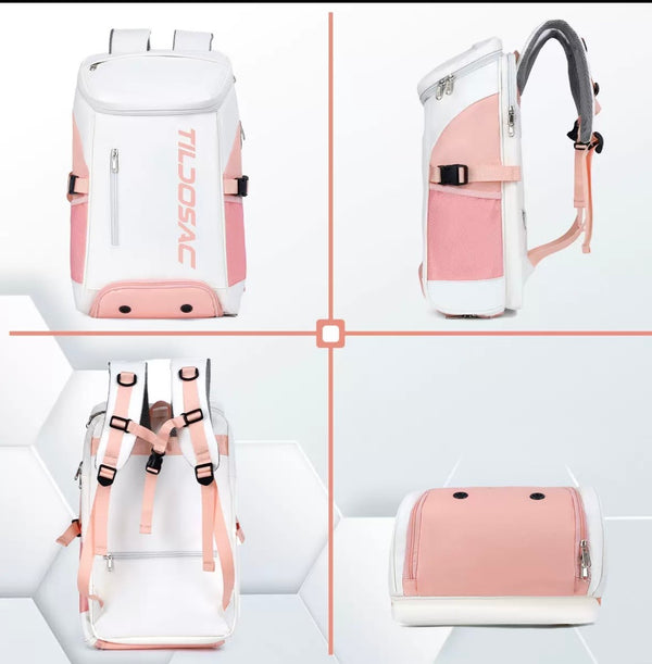 Tildosac Backpack Pink/White front, side, back and base views