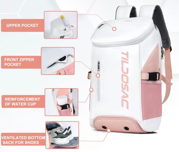 Tildosac Backpack Pink/White pockets and ventilated shoe compartment