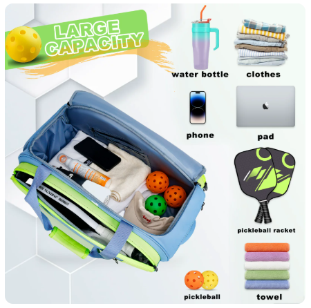 Tildosac pickleball bag capacity with balls, paddles, clothes and accessories